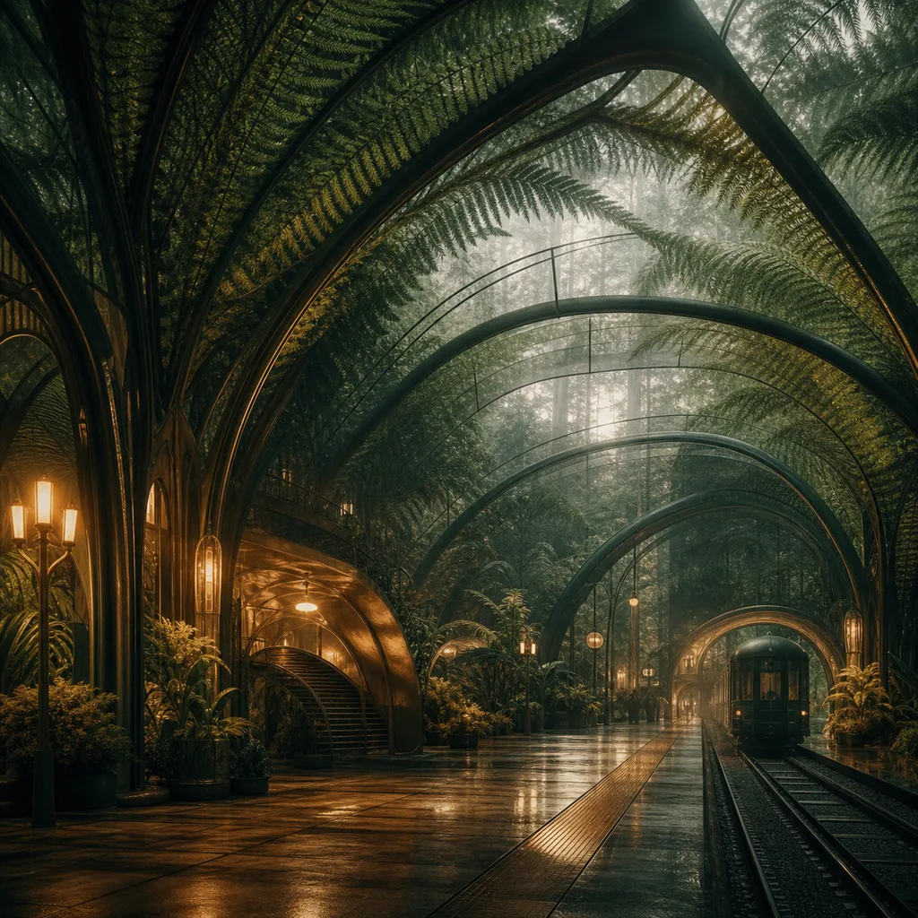 Surreal botanical train station generated from text